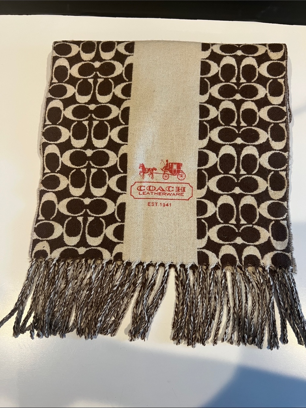 Coach Brown & Cream Signature Logo Fringed Scarf
